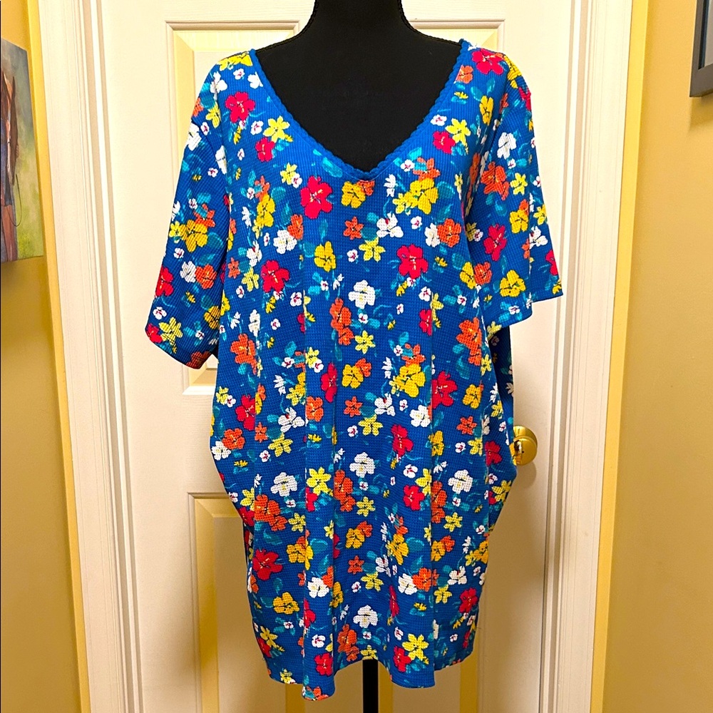 Woman Within Vibrant Floral Tunic in Blue